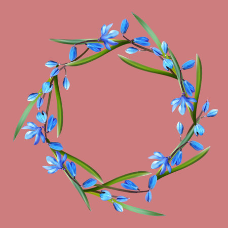 Wreath, frame of blue snowdrops on a pink backgroundのイラスト素材