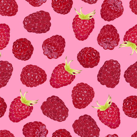 Seamless pattern with ripe raspberries on a pink backgroundのイラスト素材