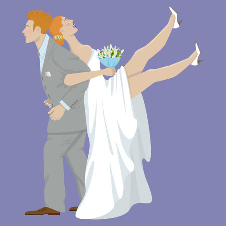 Happy bride and groom having fun and laughing, posing for photos on purple backgroundのイラスト素材