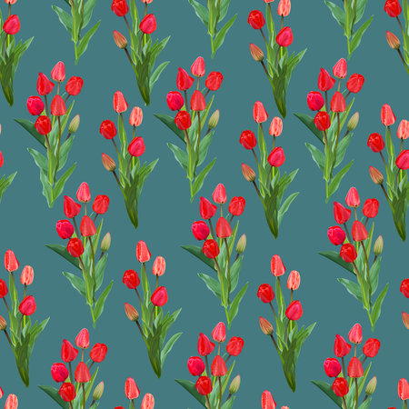 Seamless pattern with bouquets of red tulips on a blue backgroundのイラスト素材