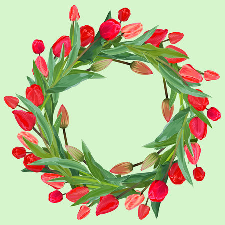 Wreath, frame of red tulips on a green backgroundのイラスト素材