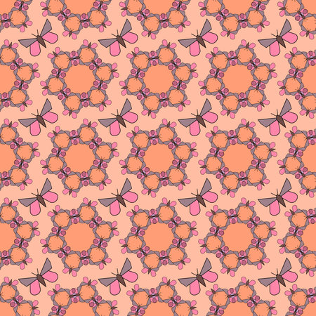 Seamless pattern, ornament of geometric figures of butterflies in combinatorics style on an orange backgroundのイラスト素材