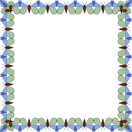 Frame of geometric shapes of green and blue butterflies on a white backgroundのイラスト素材