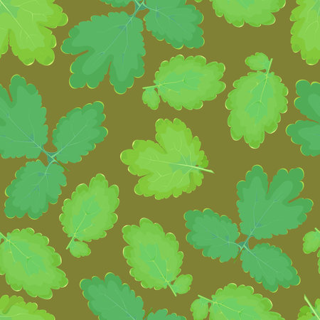 Seamless pattern of green celandine leaves on a dark backgroundのイラスト素材