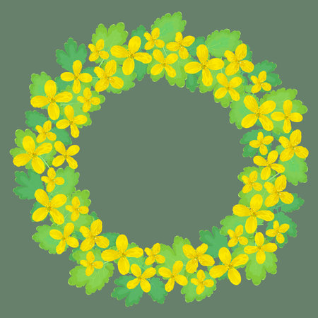 Round wreath, pattern of celandine flowers on a dark backgroundのイラスト素材