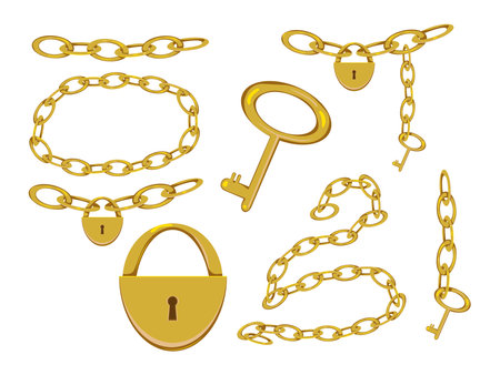 A set of gold products in the form of chains, a key, a lock on a white backgroundのイラスト素材