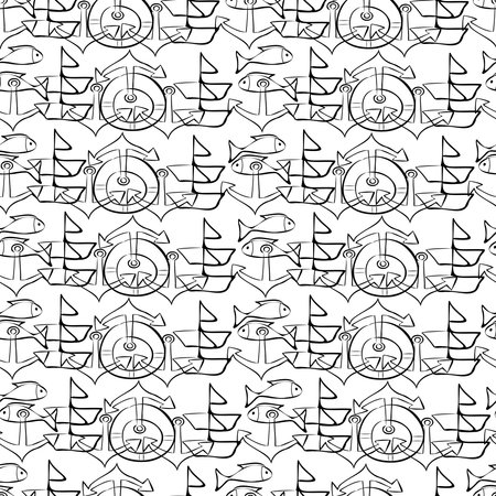 Seamless pattern with marine elements in black and whiteのイラスト素材