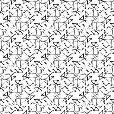 Black monochrome seamless pattern with fish on a white backgroundのイラスト素材