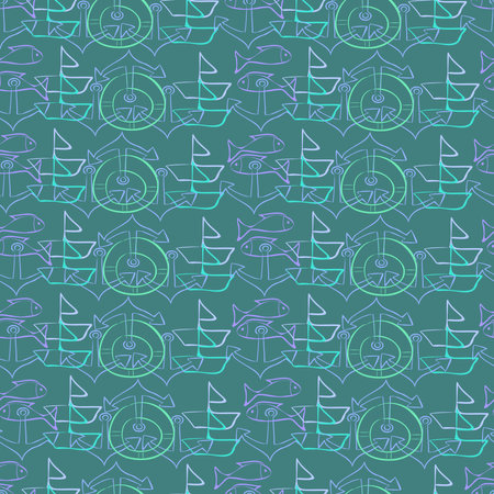 Seamless pattern with marine elements in neon style in green turquoise tonesのイラスト素材