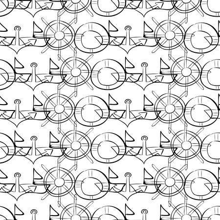 Black monochrome seamless pattern with a marine theme on a white backgroundのイラスト素材