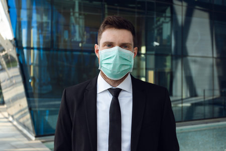Businessman Wearing Medical Mask in Business Center. Business man in Black Suit