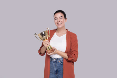 Girl Holding Trophy Happy Isolated. Girl Goals. Winner. Girl Smilling