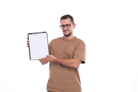 Office Man Showing Blank Clipboard Isolated. Advertisment, Office, Commercial Conceptの写真素材