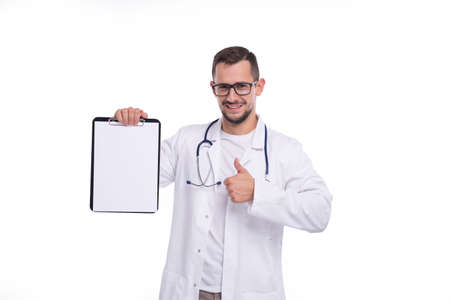 Doctor Man Showing Blank Clipboard and Thumb Up Isolated. Advertisment, Office, Commercial Conceptの写真素材