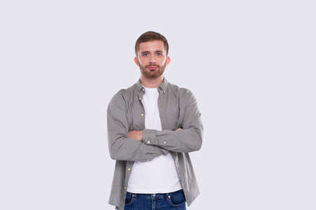 Man Hands Crossed Standing Isolated Serious Face. Man Posingの写真素材
