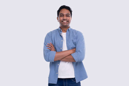 Indian Man Hands Crossed Standing Isolated Serious Face. Man Posingの写真素材