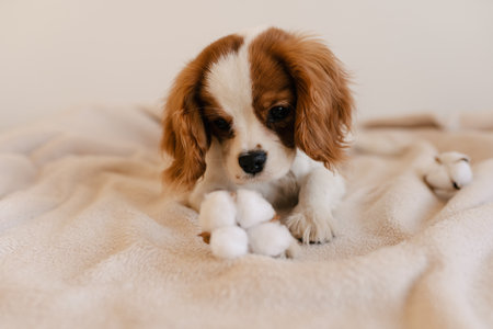 Cute Dog Portrait with Cotton Laying on Plaid. King Charles Spaniel Laying Looking ot Cameraの写真素材