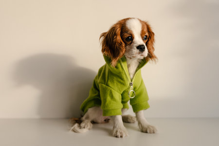 Cute Dog Sitting Wearing Green Suit. King Charles Spaniel on Table Posingの写真素材