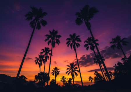 AI-generated landscape of palm trees silhouetted against a vibrant tropical sunset sky in hues of orange, purple, and pink, evoking a serene island moodの素材