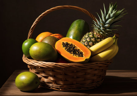 Rustic basket of fresh tropical fruits including mango, pineapple, papaya, and bananas on a wooden table under soft natural daylight.の素材