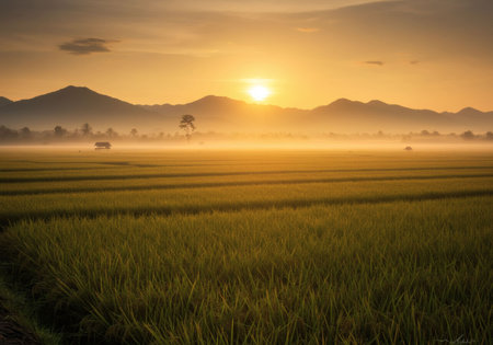Golden rice fields at sunrise in rural Indonesia with misty mountains and warm cinematic light, ideal for travel and agriculture themesの素材