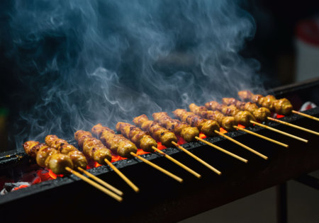 Authentic Indonesian satay skewers grilled on charcoal with smoke and glowing embers, close-up street food photography with rustic night market vibeの素材