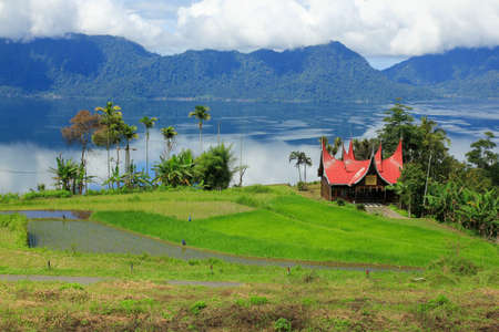 Lake maninjau, the second largest lake 100 km2 on the island of Sumatra formed by volcanic eruptions, Indonesia.の写真素材