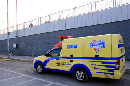 Surabaya, Indonesia, Oct 29, 2015. Jasamarga's rescue car is on standby at side of the road in  Suramadu Bridge areaのeditorial素材