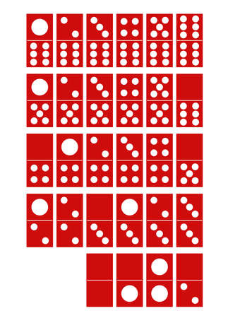 A domino set of 28 cards with a red base color. Each card is a rectangle with a center line dividing the two faces.のイラスト素材