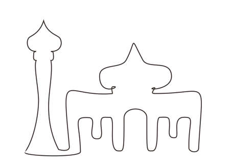 Line art of the mosque with the design of one tower and large dome in the core building.のイラスト素材