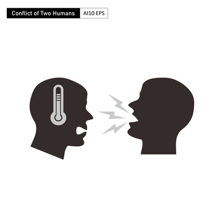 The conflict between two humans who are arguing. Silhouette of two male heads, one trying to hold back his emotions and one talking loudly.のイラスト素材