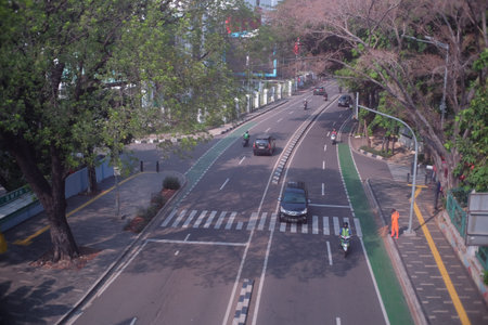 Jakarta, Indonesia, Oct 15, 2020. Street traffic is smooth on clear mornings seen from above