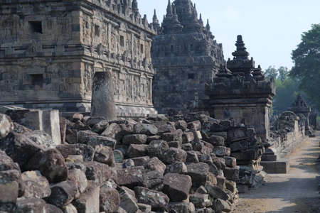 One of the tourist attractions in Central Java, buildings and ruins at the historic site of Plaosan Templeの写真素材