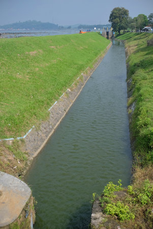 The flow of heavy river water that comes from the Rowo Jombor reservoir for irrigation canals.の写真素材