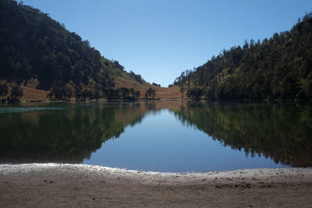 Indonesia, Aug 18, 2019. Lake Ranu Kumbolo, a source of clean water for the climbers of Mount Semeru. Located in the Bromo Tengger Semeru National Park area, between Malang and Lumajang, East Java.の写真素材