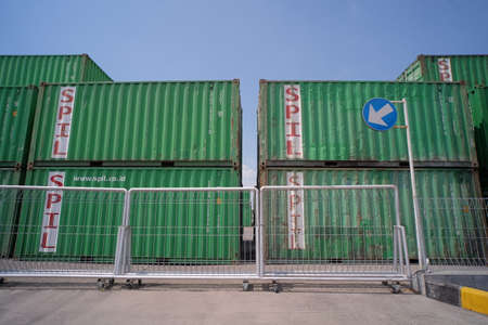 Semarang, Indonesia, Sept 19, 2020. Stacks of containers owned by companies for export-import expeditions of various goods in the Tanjung Mas port areaのeditorial素材