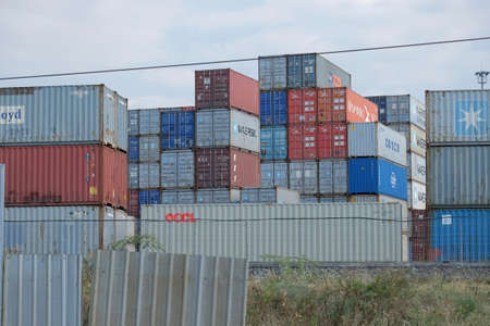 Semarang, Indonesia, Sept 19, 2020. Stacks of containers owned by companies for export-import expeditions of various goods in the Tanjung Mas port areaのeditorial素材