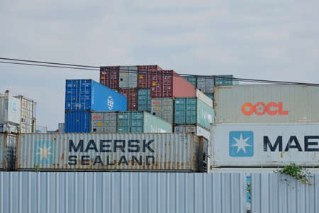 Semarang, Indonesia, Sept 19, 2020. Stacks of containers owned by companies for export-import expeditions of various goods in the Tanjung Emas port areaのeditorial素材