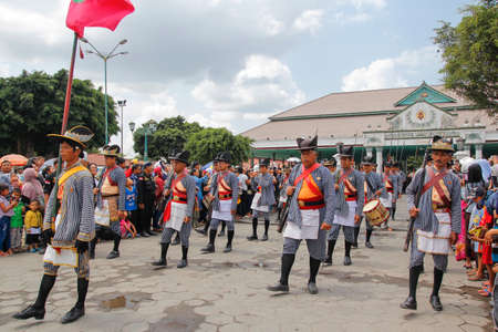Yogyakarta, Indonesia, Oct 5, 2014. Soldiers of the Yogyakarta Palace march in the Grebeg Besar tradition to commemorate the Eid al-Adha 1435 Hijriのeditorial素材