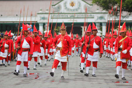 Yogyakarta, Indonesia, Oct 5, 2014. Soldiers of the Yogyakarta Palace march in the Grebeg Besar tradition to commemorate the Eid al-Adha 1435 Hijriのeditorial素材