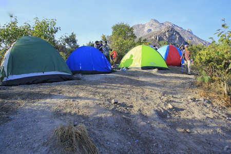 Yogyakarta, Indonesia, Oct 25, 2014. The camping dome was set up by climbers on the way to the top of Mount Merapi.のeditorial素材
