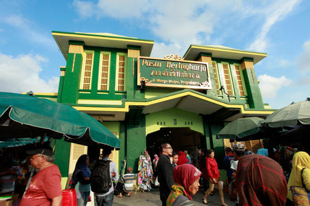 Yogyakarta, Indonesia, Dec 8, 2017. The facade of Beringharjo Market, one of the iconic markets in...