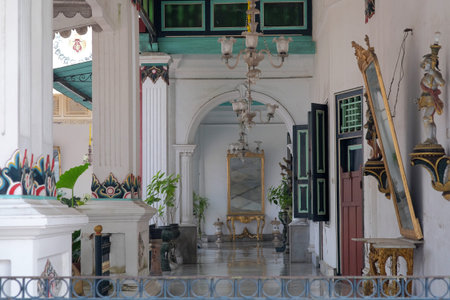Yogyakarta, Indonesia, July 28, 2019. One of the corners of the Keraton Yogyakarta building with European architecture with large pillars and large door windows.のeditorial素材