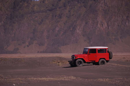 East Java, Indonesia, Aug 15, 2018: The safest transportation Jeep that can be used by visitors or tourists through the sandy terrain of the Bromo Tengger National Park area.のeditorial素材