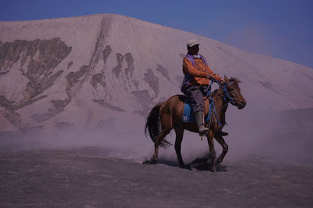 East Java, Indonesia, Aug 15, 2018. Horsemen in National Bromo Park who peddle horseback riding services for visitors or tourists who come.のeditorial素材