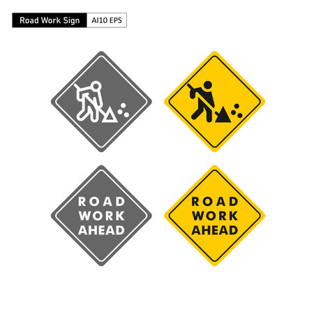 A traffic sign with the figure of a person holding a shovel, as a symbol that a few meters ahead there is work on the road.のイラスト素材