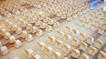 Aerial shot of the arrangement of chairs in a meeting hall.の写真素材