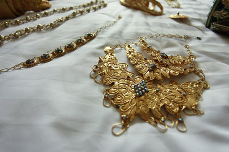 Imitation jewelry made of yellow metal worn by brides in Bugis tradition.の写真素材