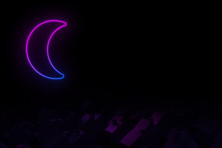 Silhouettes of small village houses with pitched roofs illuminated by neon moon 3D illustrationの写真素材