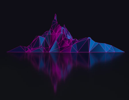 Digital low-poly 3D image of the mountain peaks with the reflection in the light of the neon fantasy...